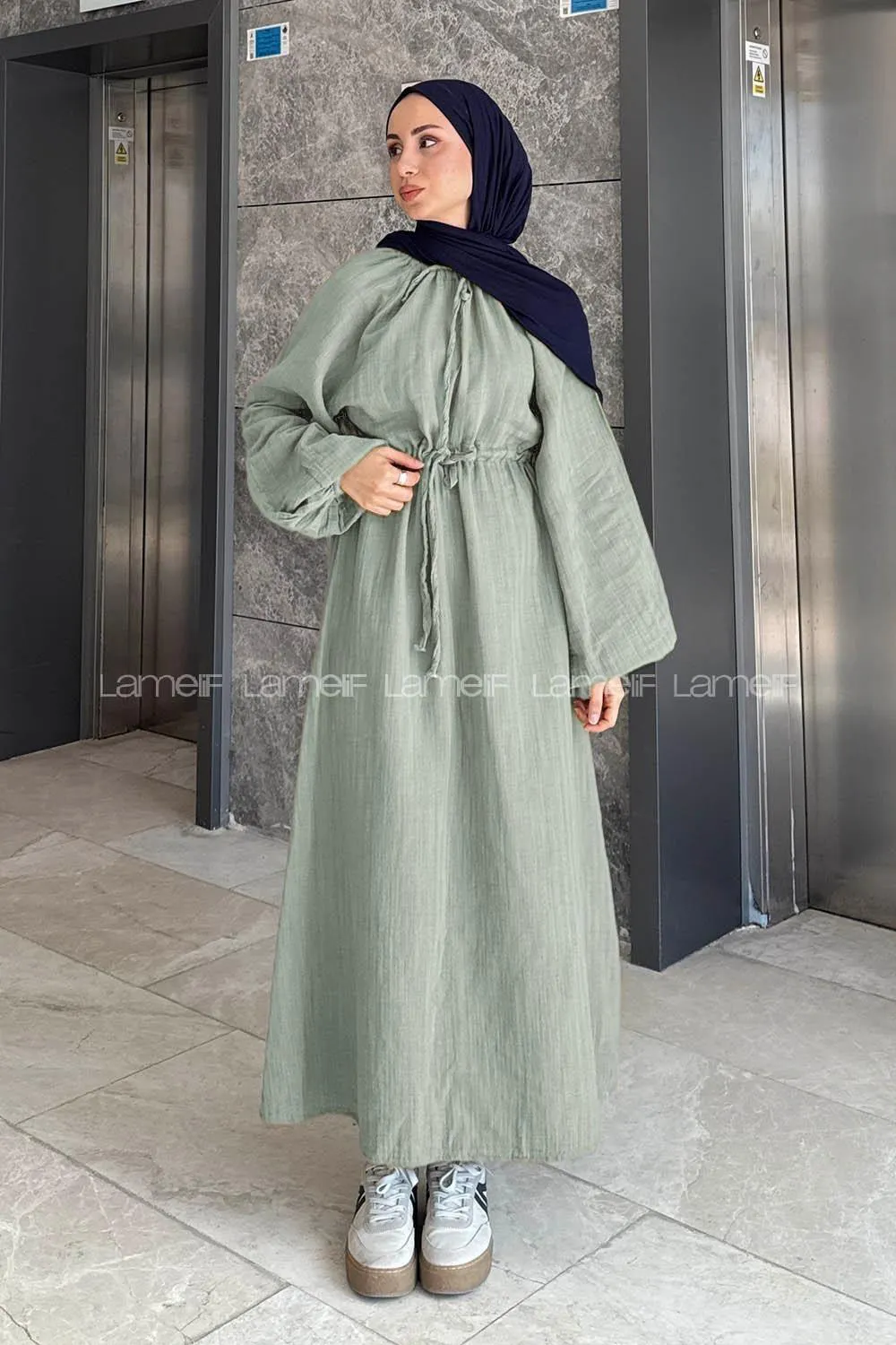 Lamelif Balon Kol Bağlamalı Tesettür Elbise Çağla Yeşili - 1