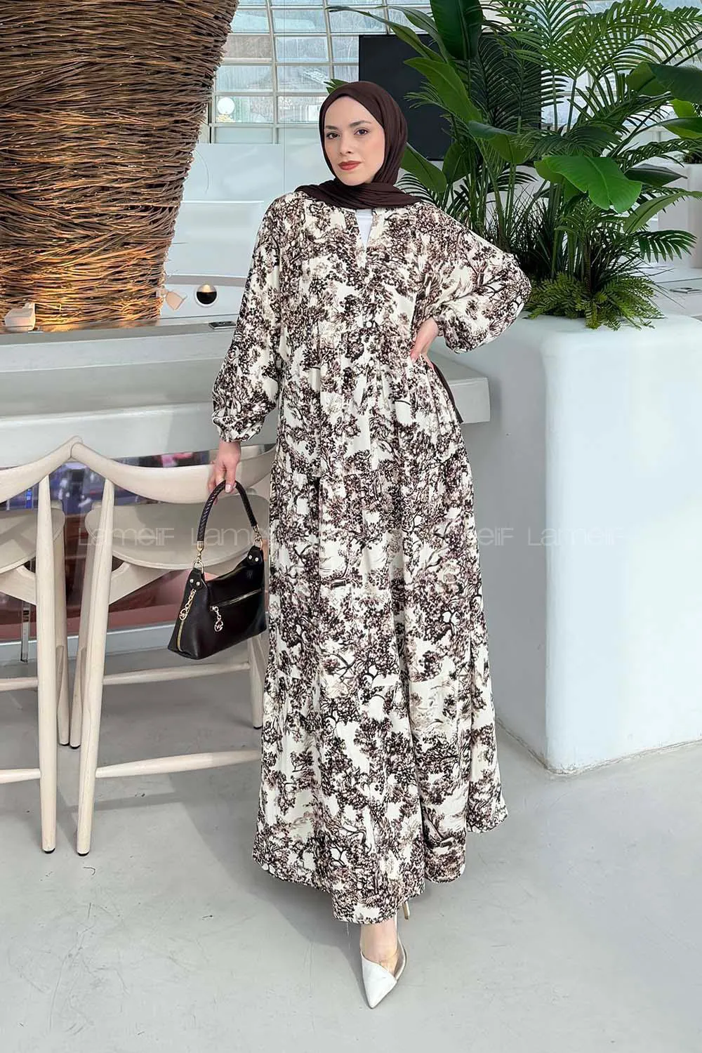 Lamelif Katleya Model Elbise Kahverengi - 1