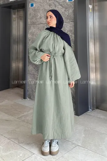 Lamelif Balon Kol Bağlamalı Tesettür Elbise Çağla Yeşili